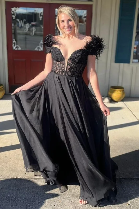 Black Applique Feather Off-the-Shoulder A-Line Long Prom Dress Flowing Boho Skirt