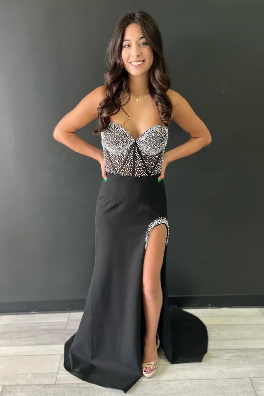 Black Beaded Sweetheart Mermaid Long Prom Dress with Slit Layered Maxi Skirt