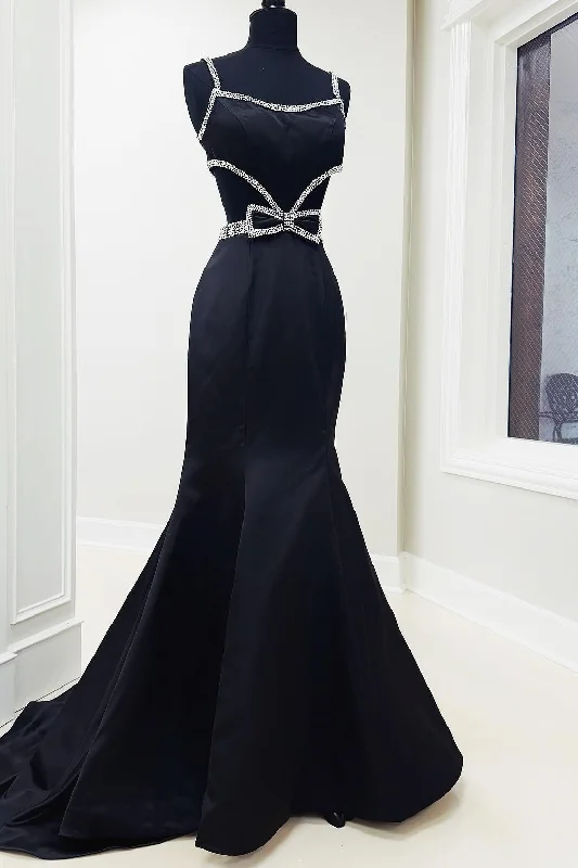 Black Mermaid Straps Bow Beads Scoop Satin Long Prom Formal Dress Elegant Maxi Look