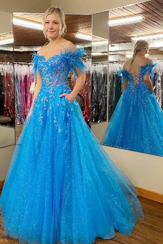 Blue Tulle Feather Off-the-Shoulder Lace-Up A-Line Long Prom Dress Casual Long Skirt