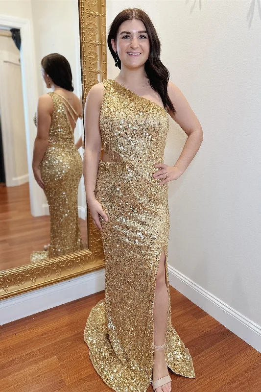 Gold Sequin Fringes One-Shoulder Cutout Long Prom Dress with Slit Cozy Maxi Dress