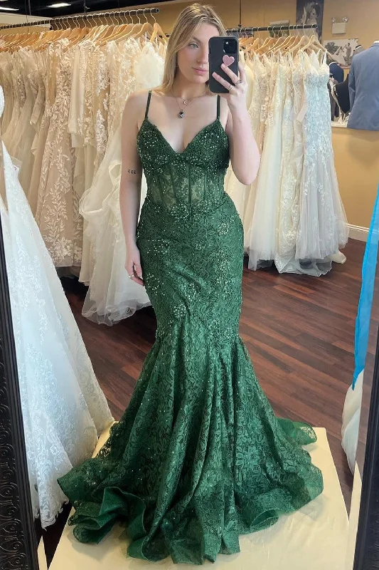 Green Lace Beaded Sweetheart Trumpet Long Prom Gown High-Low Maxi Skirt