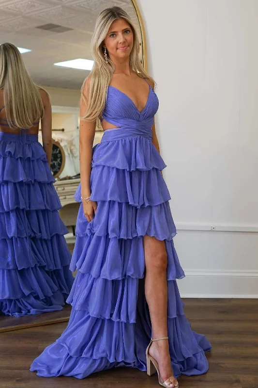 Elegant Purple A-Line V-Neck Tiered Long Formal Prom Dress with Slit Maxi Skirt Outfit