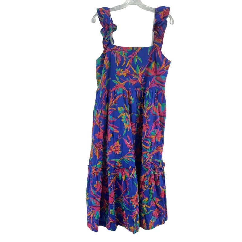 J.Crew Blue Tropical Print Smocked Cotton Maxi Dress Women’s Size 12 Preowned Pleated A-line Skirt