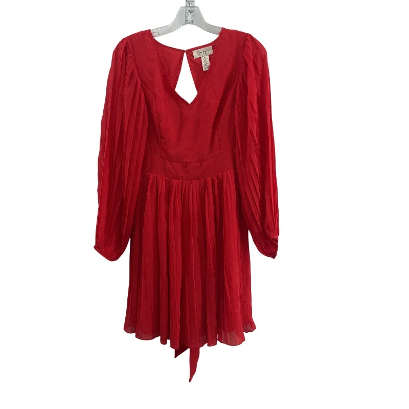 Jessica Simpson Red Long Sleeve V-Neck Open Back Pleated Dress M Preowned Women Summer Maxi Skirt