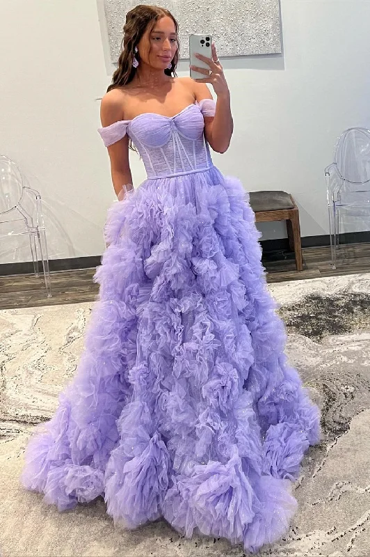 Lavender Tulle Off-the-Shoulder Long Prom Dress with Ruffles Satin Maxi Skirt