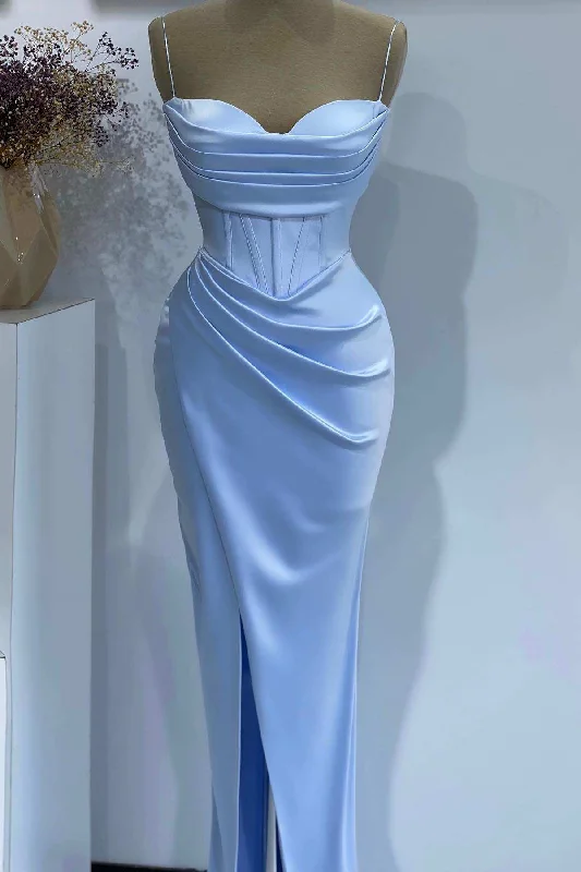 Light Blue Spaghetti Straps Satin Pleated Long Formal Dress with Slit Maxi Skirt Collection