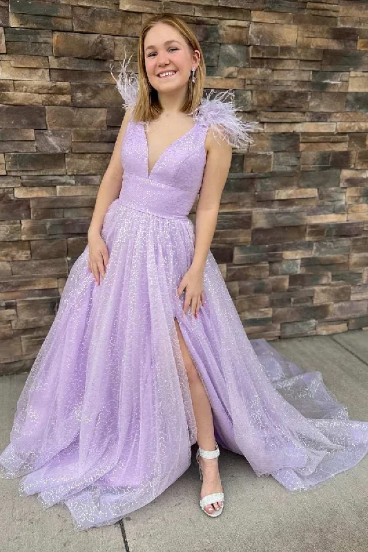 Lilac Sequin Feather V-Neck A-Line Long Prom Dress with Slit Flowing Maxi Skirt