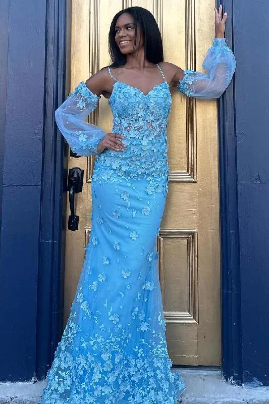 Mermaid Blue Spaghetti Straps Lace Appliques Long Prom Dress with Sleeves Front Pocket Maxi