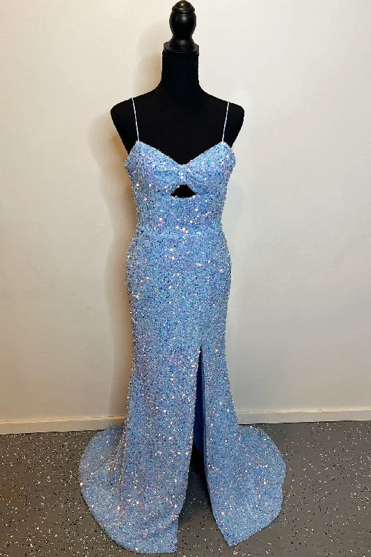 Periwinkle Sequin Keyhole Straps Mermaid Long Prom Dress with Slit Maxi Skirt Dress