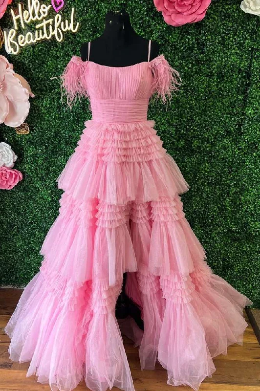 Pink Feather Cold-Shoulder Tiered Long Prom Dress with Ruffles Comfortable Maxi Skirt