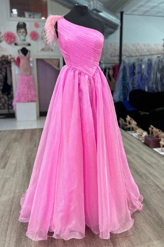 Pink Feather One-Shoulder Ruching A-Line Long Prom Dress Printed A-line Maxi