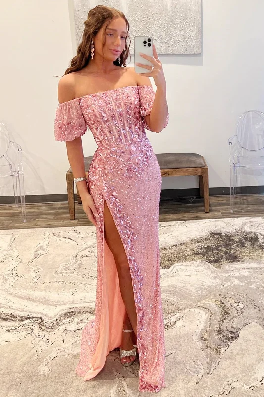 Pink Sequin Off-the-Shoulder Long Formal Dress with Puff Sleeves and Slit Maxi Skirt Set