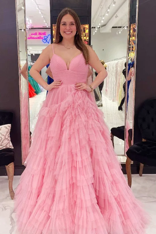 Pink Tulle High-Waist Tiered Long Prom Dress with Ruffles Button-up Maxi Skirt