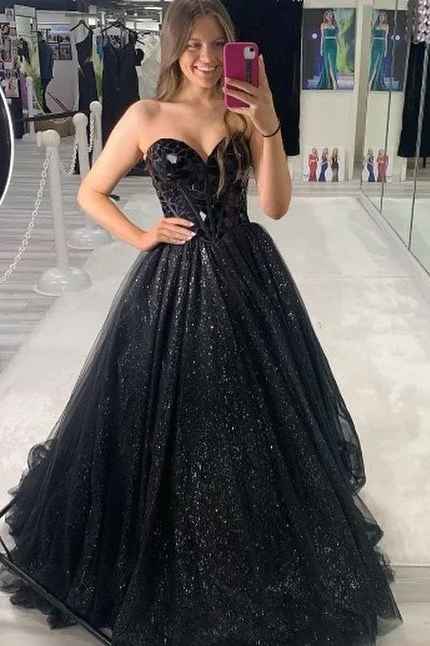 Princess Black Cut Glass Mirror Sweetheart A-Line Long Prom Gown Lace Detail Maxi