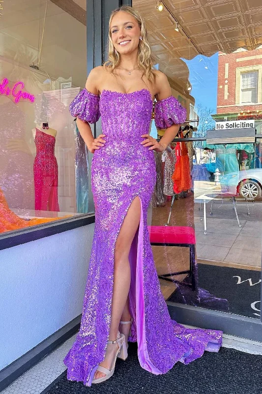 Purple Sequin Strapless Mermaid Long Prom Dress with Puff Sleeves Midi Maxi Skirt