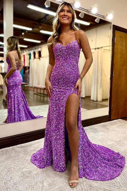 Purple Sequin Sweetheart Lace-Up Mermaid Long Prom Dress with Slit Summer Beach Maxi