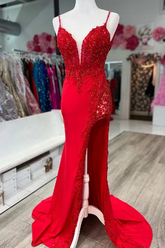 Red Applique Plunge V Mermaid Long Formal Dress with Slit Bohemian Maxi Skirt