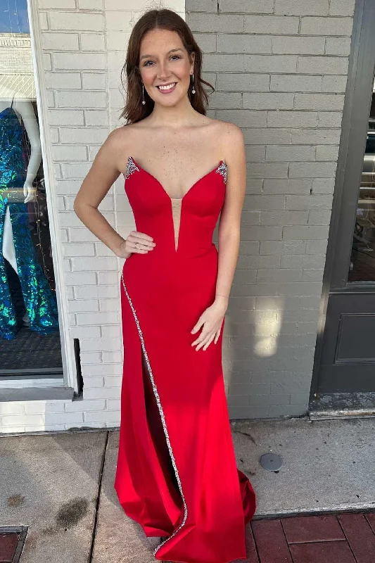 Red Bead-Trimmed Strapless Long Formal Dress with Slit Summer Floral Maxi