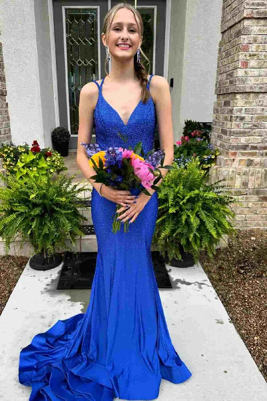 Royal Blue Mermaid Beaded V-Neck Sleeveless Long Prom Dress Wrap Maxi Skirt