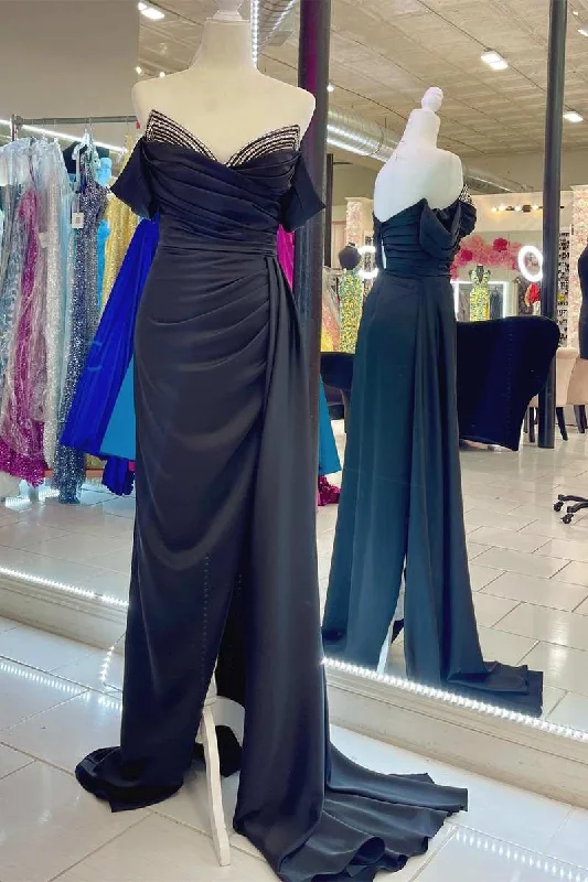 Ruching Black Off-the-Shoulder Long Formal Dress with Attached Train Vintage Maxi Skirt