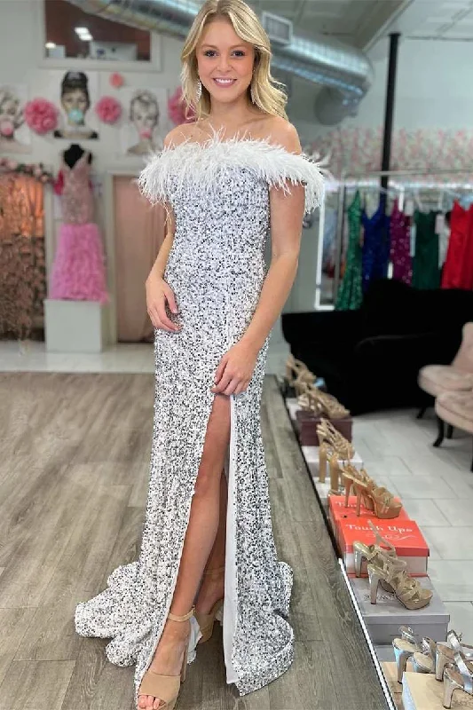 Silver Sequin Feather Off-the-Shoulder Mermaid Long Formal Dress with Slit Lace Maxi Skirt