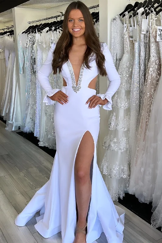 White Plunge V Cutout Mermaid Long Formal Gown with Long Sleeves Front Slit Skirt