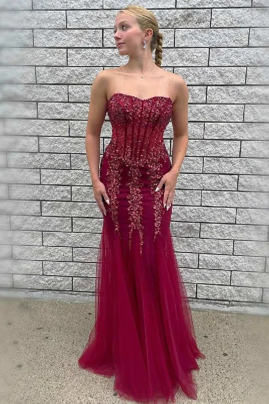 Wine Red Tulle Beaded Strapless Mermaid Long Formal Dress Knit Maxi Skirt