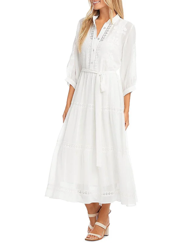 Womens Embroidered Long Shirtdress V-neck Maxi Skirt