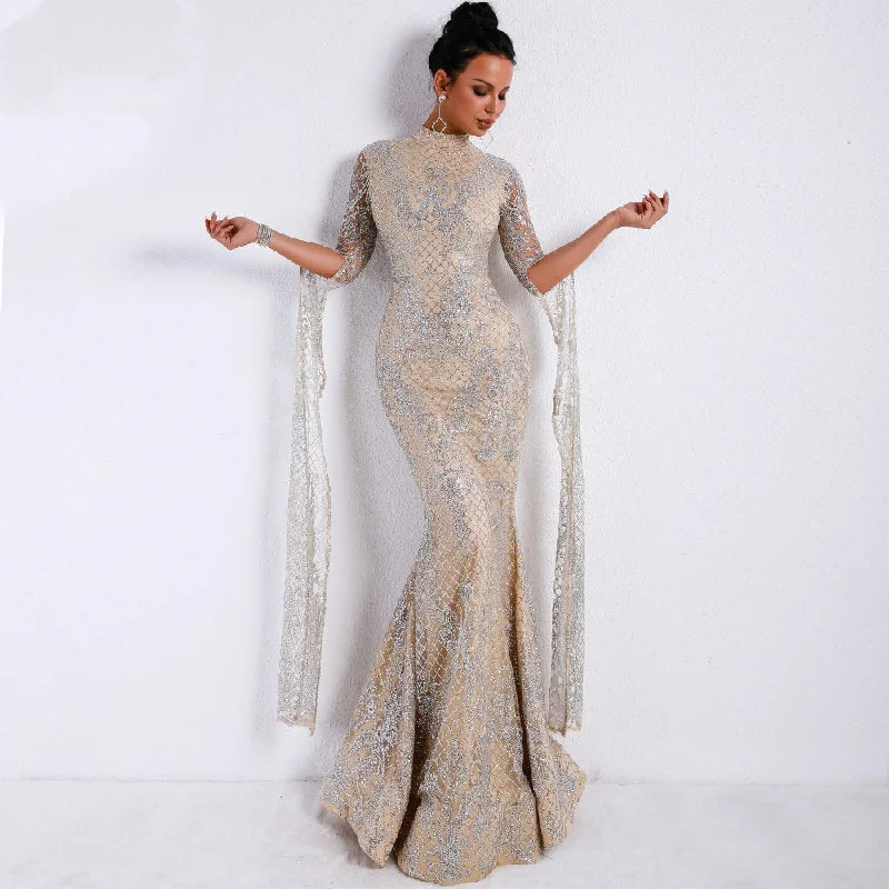 Women's Long Sleeve Glitter Dress With High Neck Elegant Maxi Skirt