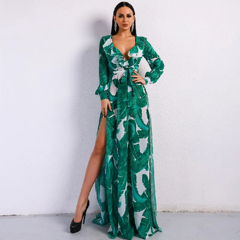 Women's Summer V-Neck Long Dress With Split Print Fitted Maxi Skirt