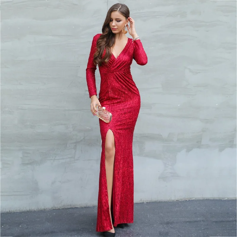 Women's V-Neck Long Sleeve Glitter Dress Bold Maxi Skirt