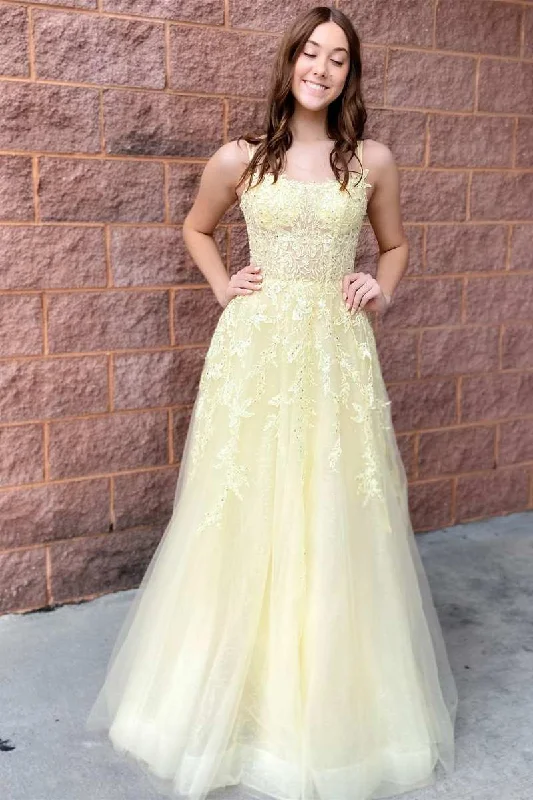 Yellow Tulle Applique Lace-Up A-Line Long Prom Dress Long Boho Skirt