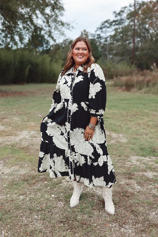 Black Floral Collared Button Down Midi Dress Front Button Midi