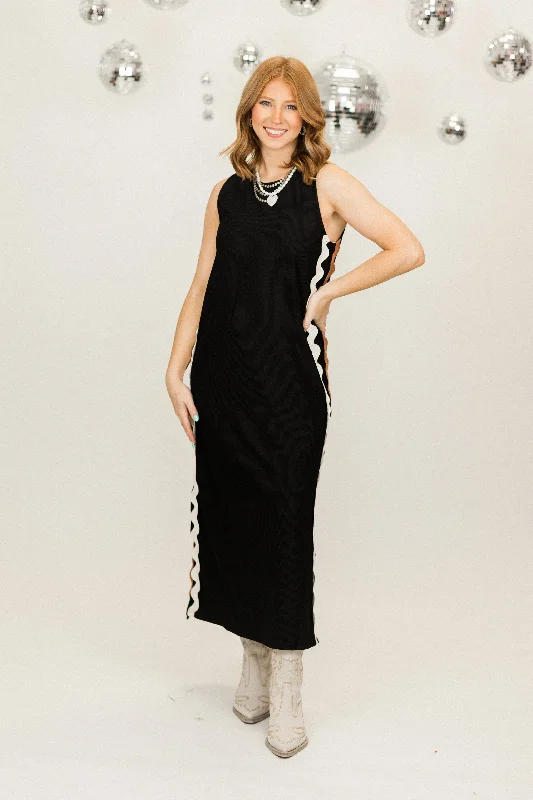 Black Ric Rac Trim Ribbed Sleeveless Midi Dress Bohemian Midi Skirt