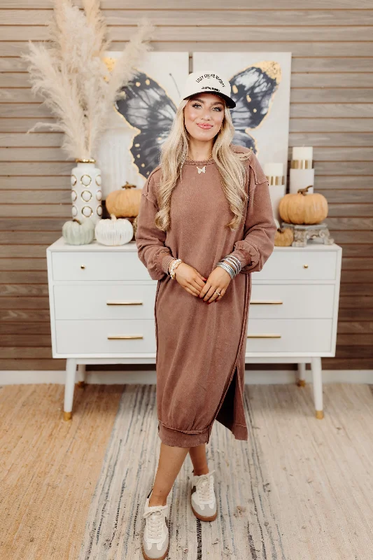 Chestnut Oversized Cozy Sweatshirt Midi Dress Everyday Midi Skirt