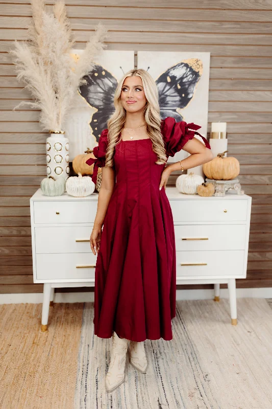 Garnet Square Neck Puff Sleeve Midi Dress Embroidered Midi Skirt