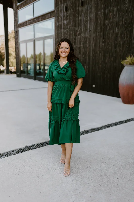 Hunter Green Puff Sleeve Ruffle Detail Midi Dress Midi Skirt Casual