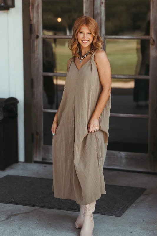 Khaki Loose Fit Knot Strap Midi Dress Long Midi Skirt