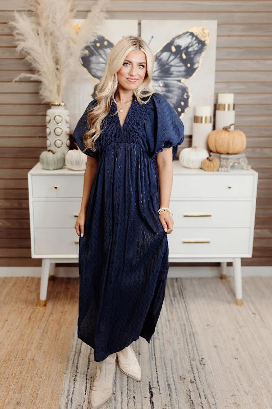 Navy Textured Puff Sleeve Button Down Midi Dress Lace Midi Skirt