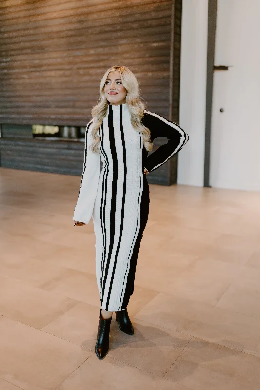 Off White and Black High Neck Long Sleeve Midi Sweater Dress High-Waisted Midi Skirt