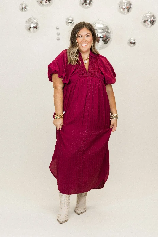 Plum Textured Puff Sleeve Button Down Midi Dress Wrap Midi Skirt