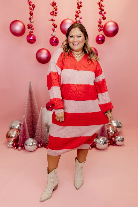 Red and Pink Striped V-Neck Long Sleeve Midi Dress Soft Wool Midi