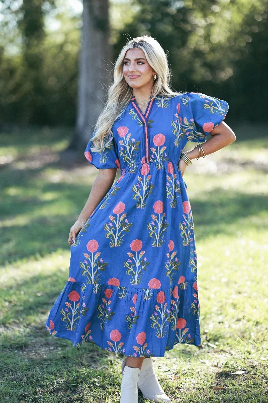 Royal Blue Antique Floral Mandarin Collar Midi Dress Skater Midi Skirt