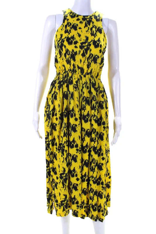 Yigal Azrouel Womens Printed Elastic Waist Midi A Line Dress Navy Yellow Soft A-line Skirt