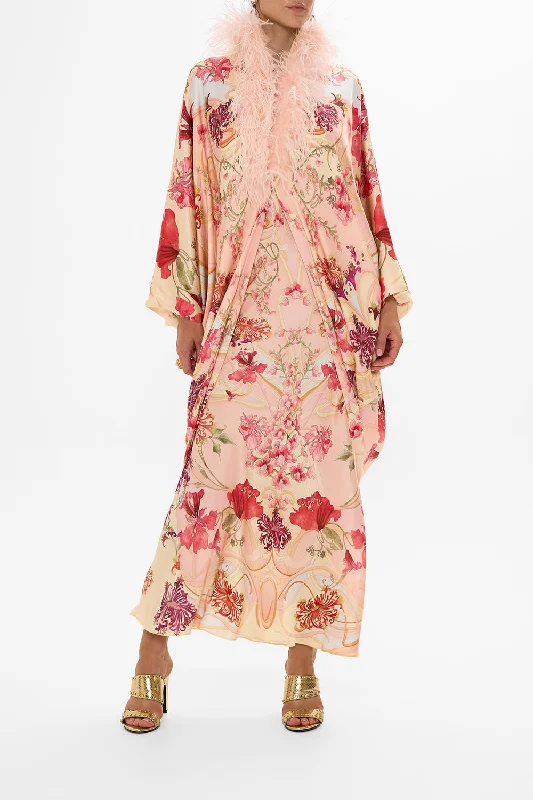 DRAPED BACK LAYER WITH FEATHER COLLAR BLOSSOMS AND BRUSHSTROKES Stretchy unclassified dresses