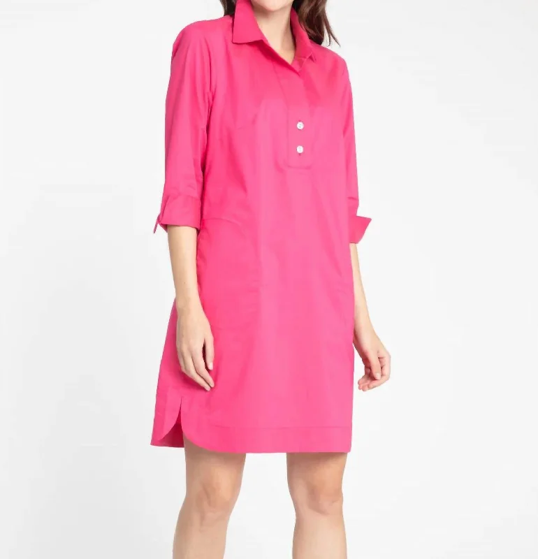 Aileen 3/4 Sleeve Button Back Dress In Magenta Club unclassified dresses