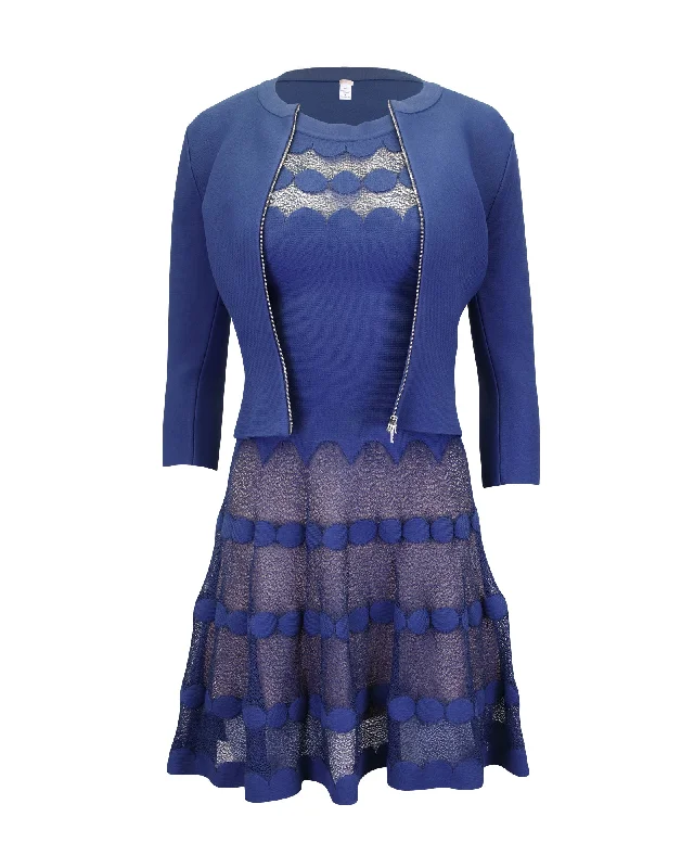 Alaia Sleeveless Sheer Panel Dress w/ Front Zip Jacket in Blue Viscose Graduation unclassified dresses