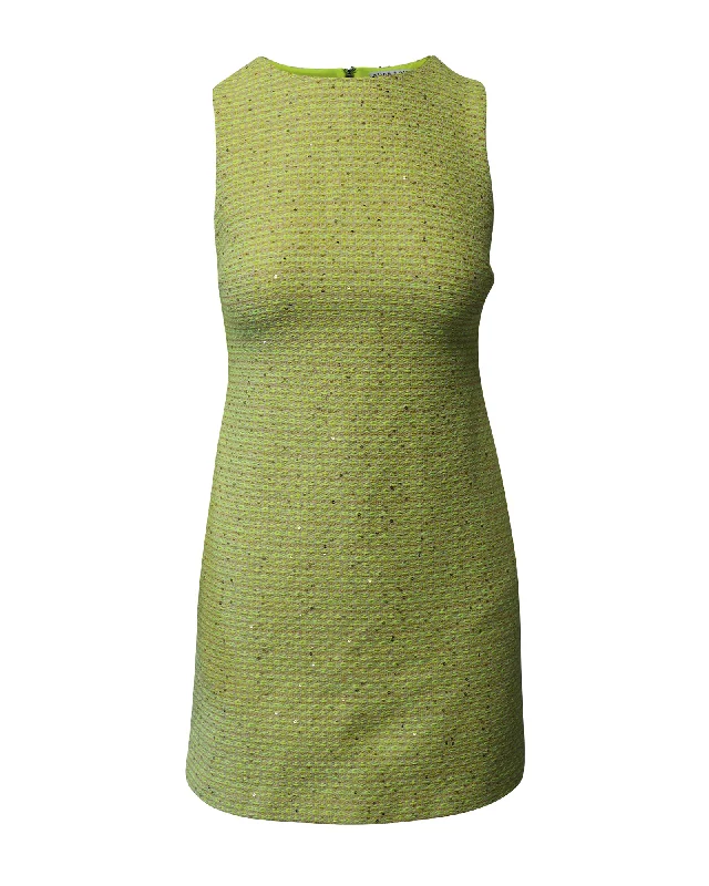 Alice + Olivia Clyde Tweed Shift Dress in Neon Yellow Cotton Long sleeve unclassified dresses