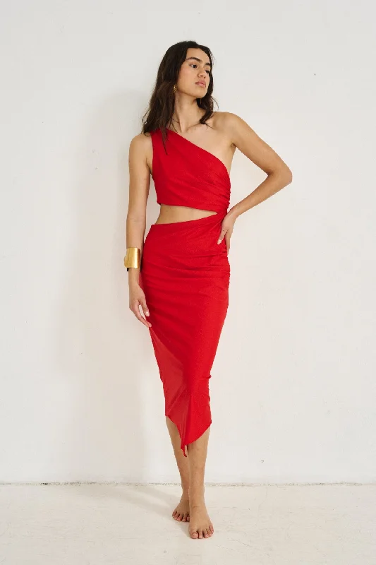 Asymmetrical Cut-Out Dress (Limited Edition) Red- Sofia Lounge unclassified dresses